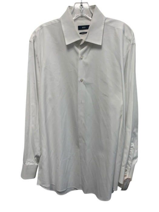 Boss Size 17 White Cotton Solid Button Down Men's Long Sleeve Shirt White / 17