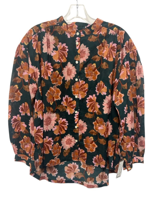 Birds of Paradis Size S Green, Pink, Multi Cotton Long Sleeve Floral Sheer Top Green, Pink, Multi / S