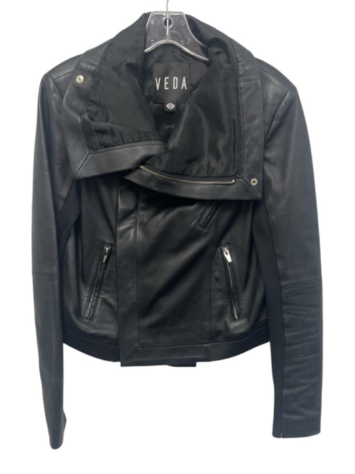 Veda Size M Black Leather Long Sleeve Zip Up Big Collar Jacket Black / M