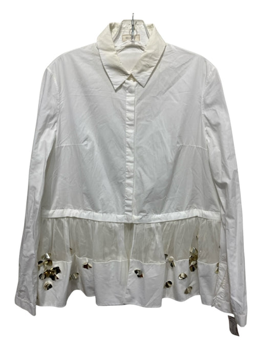 Delpozo Size 38 White & Silver Cotton Long Sleeve Paillettes Tulle Top White & Silver / 38