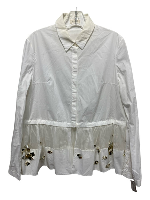 Delpozo Size 38 White & Silver Cotton Long Sleeve Paillettes Tulle Top White & Silver / 38