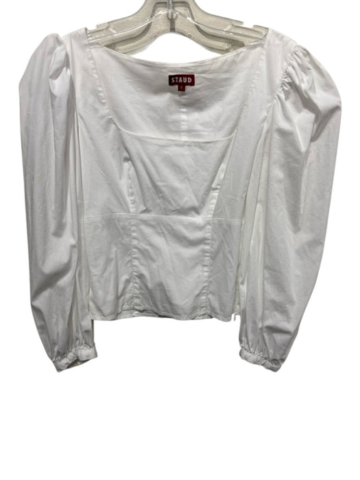 Staud Size S White Cotton Blend Long puff sleeve Wide Neck Seam Detail Top White / S