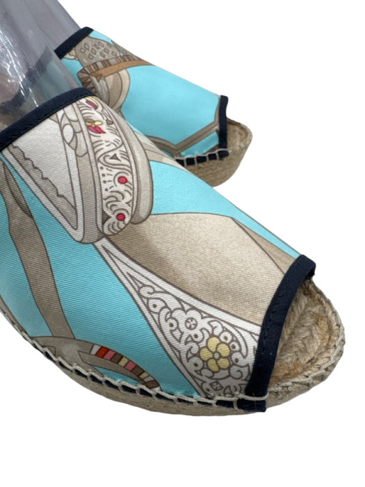 Respoke Shoe Size 39 Beige & Blue Silk Espadrille Wedge Peep Toe Sandals Beige & Blue / 39