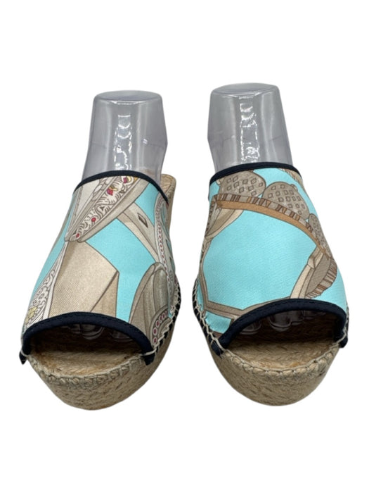 Respoke Shoe Size 39 Beige & Blue Silk Espadrille Wedge Peep Toe Sandals Beige & Blue / 39