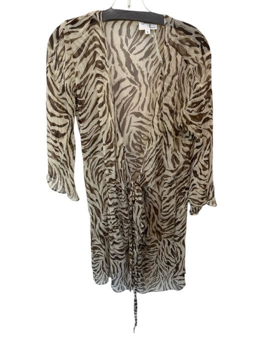 Milly Size 10 Cream & Brown Silk Long Sleeve Zebra Print Open Front Coverup Cream & Brown / 10