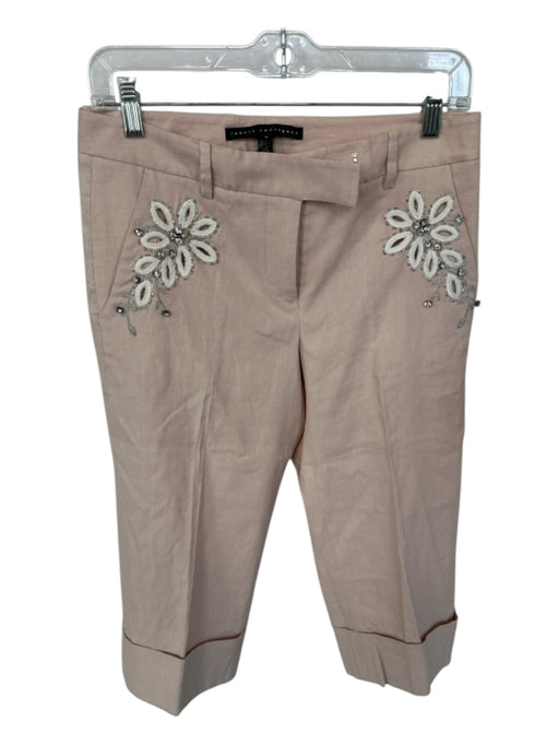 Robert Rodriguez Size 6 Blush & White Linen Blend Rhinestones Cropped Pants Blush & White / 6