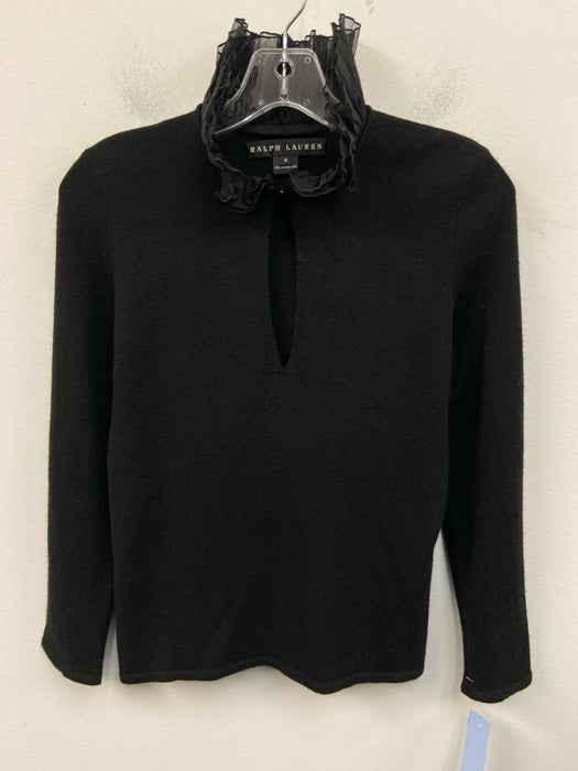Ralph Lauren Size Medium Black Cashmere Long Sleeve Pleated V Neck Knit Sweater