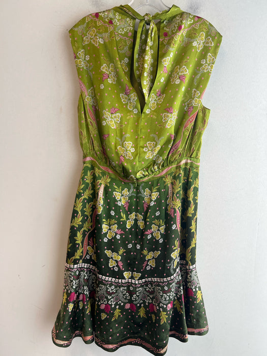 Saloni Size 10 Green & Multi Silk/Satin Sleeveless High Neck Floral Dress
