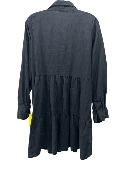 LJC Designs Size M Black Linen Long Sleeve V Neck Tiered Knee length Dress Black / M