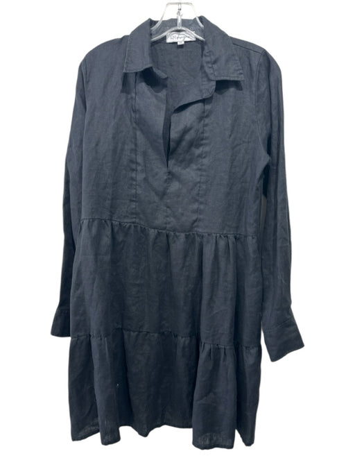 LJC Designs Size M Black Linen Long Sleeve V Neck Tiered Knee length Dress Black / M