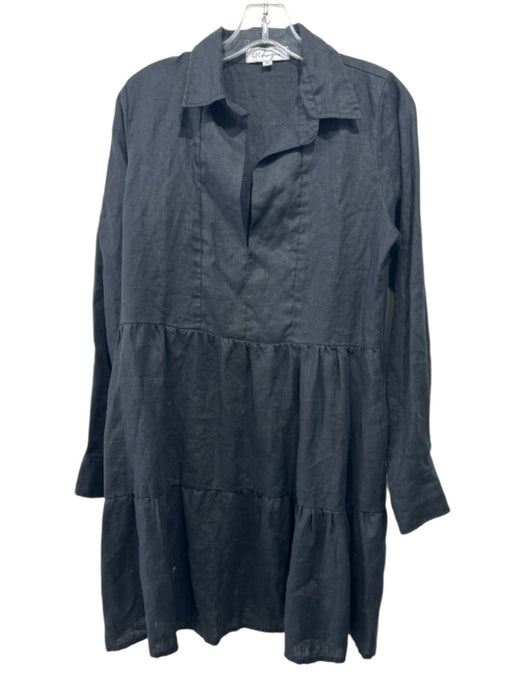 LJC Designs Size M Black Linen Long Sleeve V Neck Tiered Knee length Dress Black / M