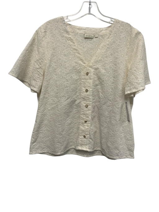 Spartina Size M White Cotton Short Sleeve Cut Outs Buttons V Neck Top White / M