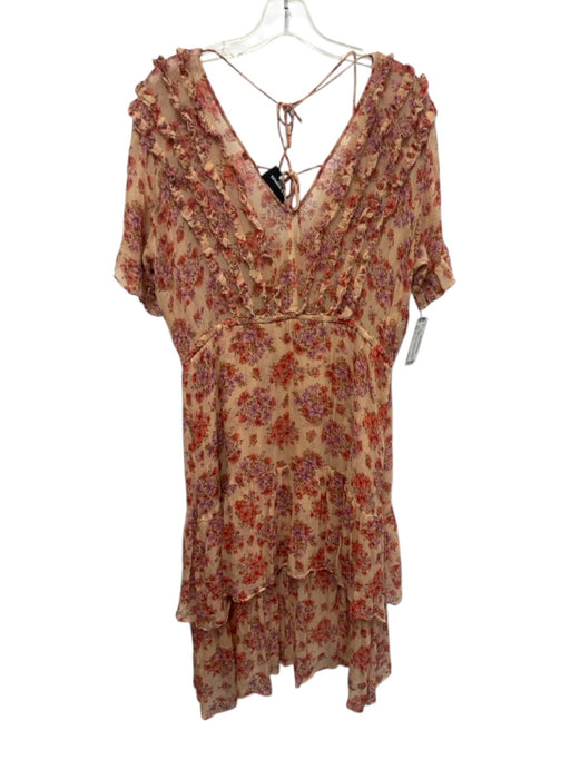 The Kooples Size 2 Beige, Red, Purple Viscose Floral Short Sleeve V Neck Dress Beige, Red, Purple / 2