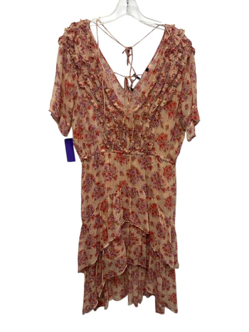 The Kooples Size 2 Beige, Red, Purple Viscose Floral Short Sleeve V Neck Dress Beige, Red, Purple / 2