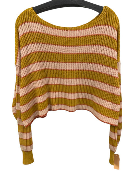 Free People Size XS Yellow & Pink Cotton Ribbed Knit Striped Wide Neck Sweater Yellow & Pink / XS