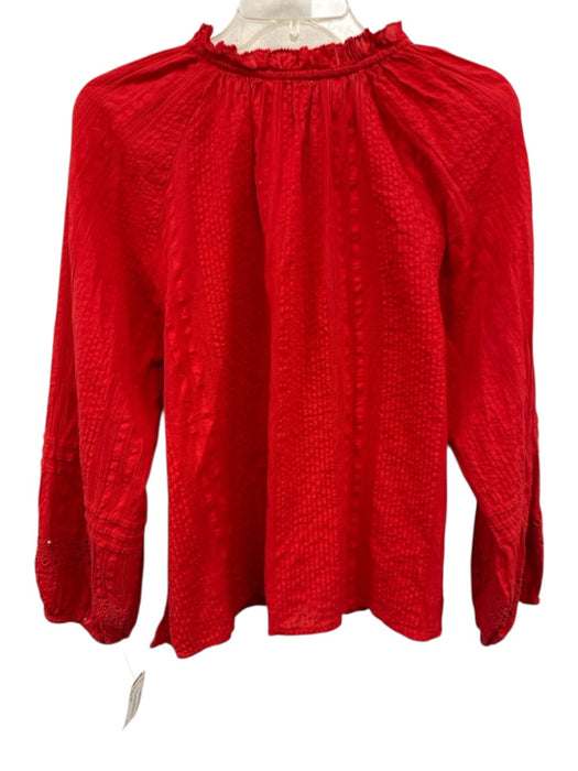 Cleobella Size S Red Cotton Long Balloon Sleeve Button Front Ruffle Detail Top Red / S