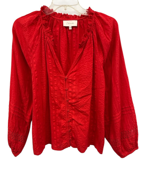 Cleobella Size S Red Cotton Long Balloon Sleeve Button Front Ruffle Detail Top Red / S