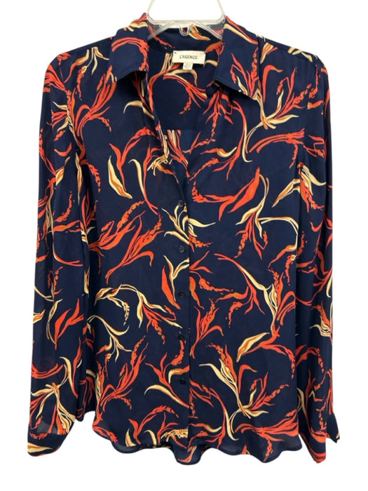 L'agence Size XS Navy Blue & Orange Silk Abstract Botanical Print Button Up Top Navy Blue & Orange / XS