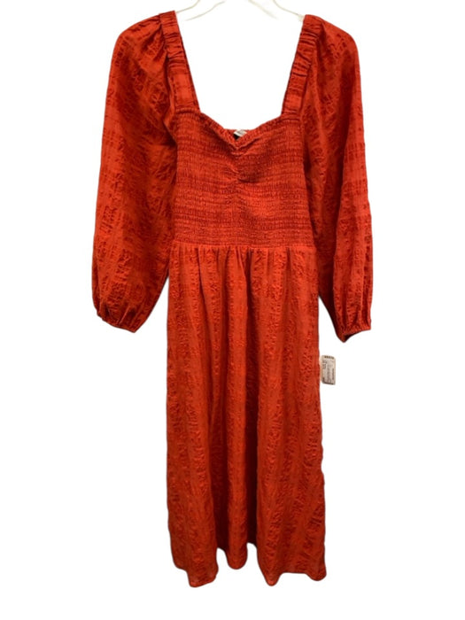 Madewell Size Est M Red Orange Cotton Blend 3/4 Balloon Sleeve Plaid Weave Dress Red Orange / Est M