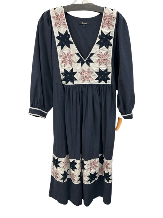 Madewell Size M Navy Blue, White & Purple Cotton 3/4 Dolman Sleeve V Neck Dress Navy Blue, White & Purple / M