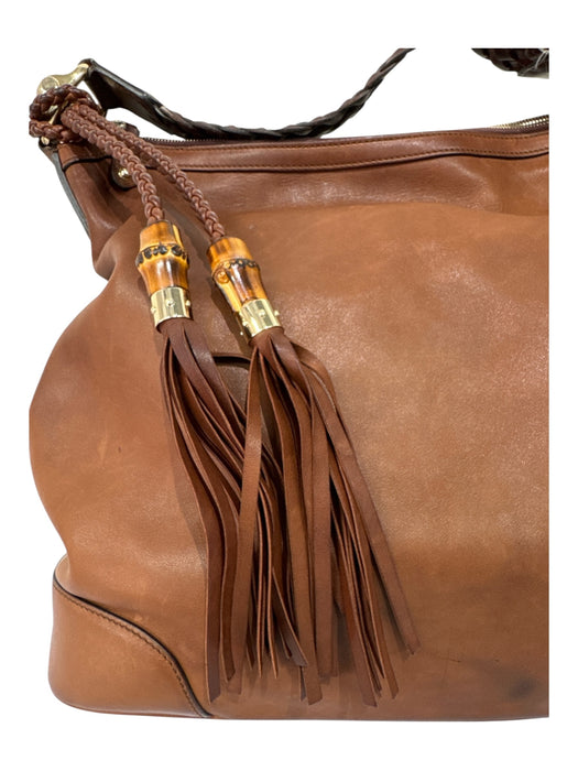 Gucci Brown Leather Gold Tone Hardware Bamboo Detail Braided Strap Shoulder Bag Brown