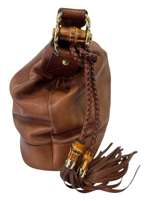 Gucci Brown Leather Gold Tone Hardware Bamboo Detail Braided Strap Shoulder Bag Brown