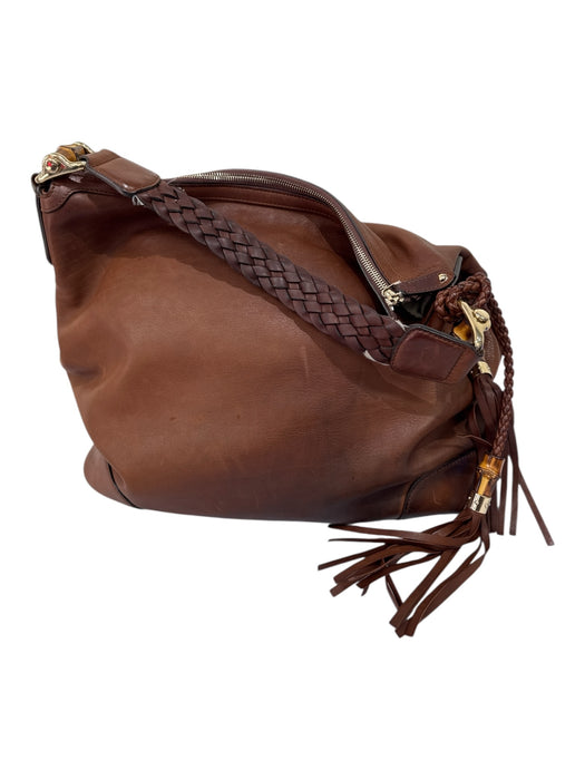 Gucci Brown Leather Gold Tone Hardware Bamboo Detail Braided Strap Shoulder Bag Brown