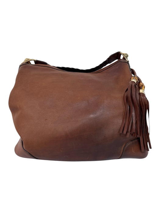 Gucci Brown Leather Gold Tone Hardware Bamboo Detail Braided Strap Shoulder Bag Brown