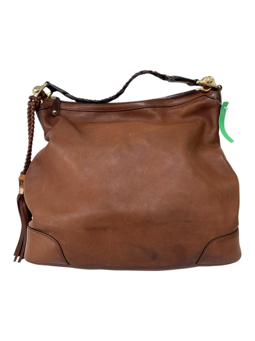 Gucci Brown Leather Gold Tone Hardware Bamboo Detail Braided Strap Shoulder Bag Brown