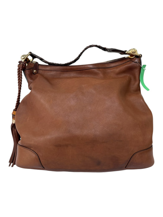 Gucci Brown Leather Gold Tone Hardware Bamboo Detail Braided Strap Shoulder Bag Brown