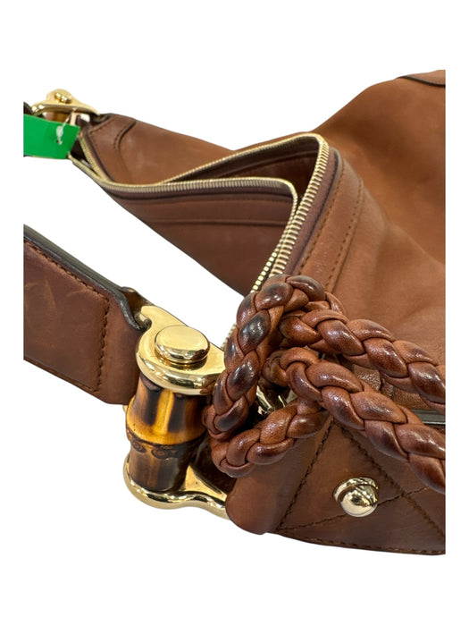 Gucci Brown Leather Gold Tone Hardware Bamboo Detail Braided Strap Shoulder Bag Brown