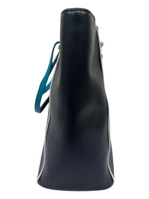 Coach Black, Teal & White Leather silver tone hardware Zipper Closure Tote Bag Black, Teal & White