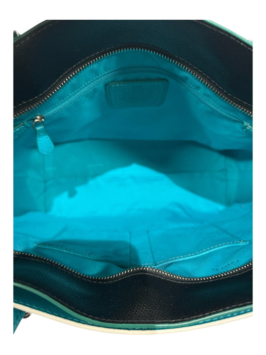 Coach Black, Teal & White Leather silver tone hardware Zipper Closure Tote Bag Black, Teal & White