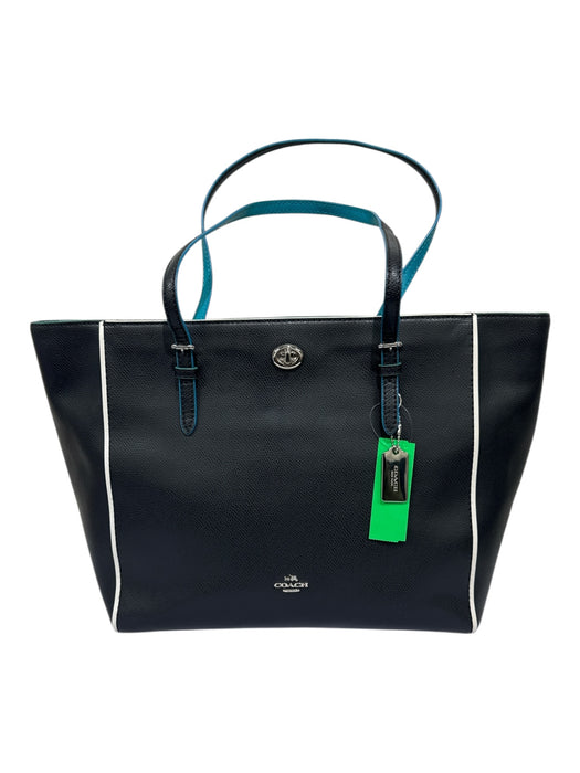 Coach Black, Teal & White Leather silver tone hardware Zipper Closure Tote Bag Black, Teal & White