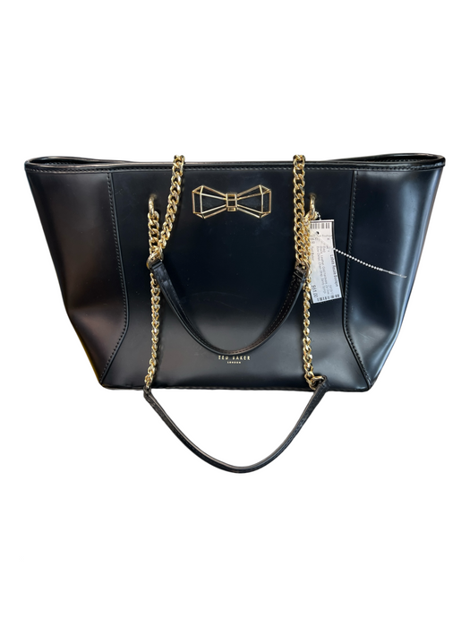 Ted Baker Black Leather Gold hardware Zip Close Bow Detail Chain Strap Bag Black