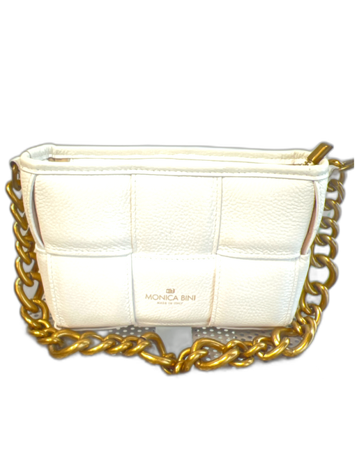 Monica Bini White Leather Top Zipper Puff Quilted Brass Hardware Shoulder Bag White / Small