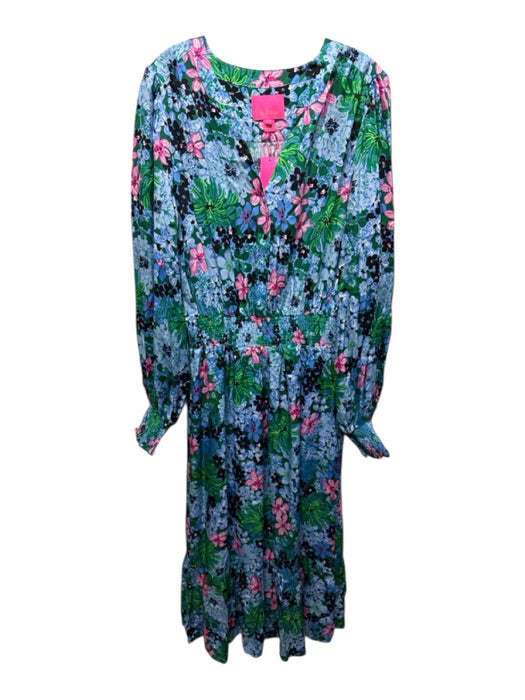 Lilly Pulitzer Size XL Blue, Green & Pink Rayon Floral Long Sleeve Dress Blue, Green & Pink / XL