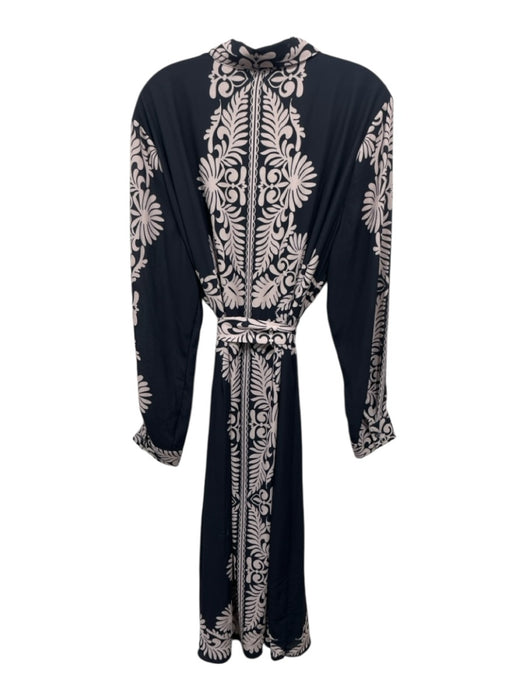 Tahari Size XL Black & Beige Polyester Damask Print Long Sleeve Collar Dress Black & Beige / XL