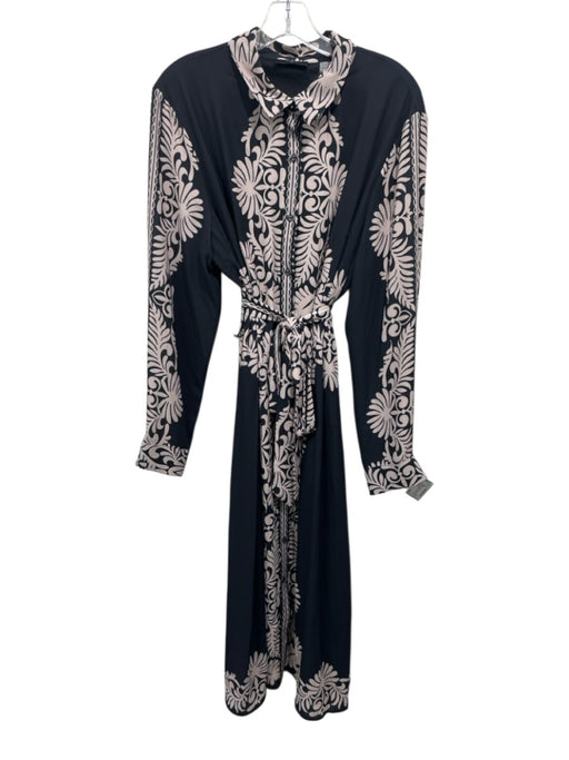 Tahari Size XL Black & Beige Polyester Damask Print Long Sleeve Collar Dress Black & Beige / XL