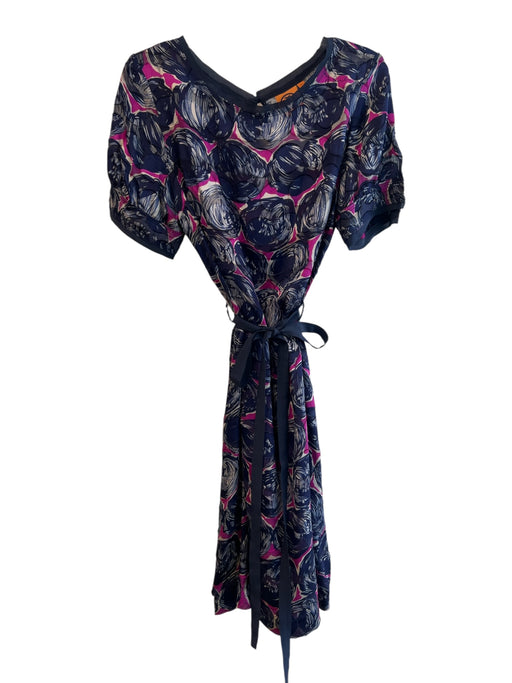 Tory Burch Size 10 navy blue & multi Rayon Blend Short Sleeve Slip Inc Dress navy blue & multi / 10