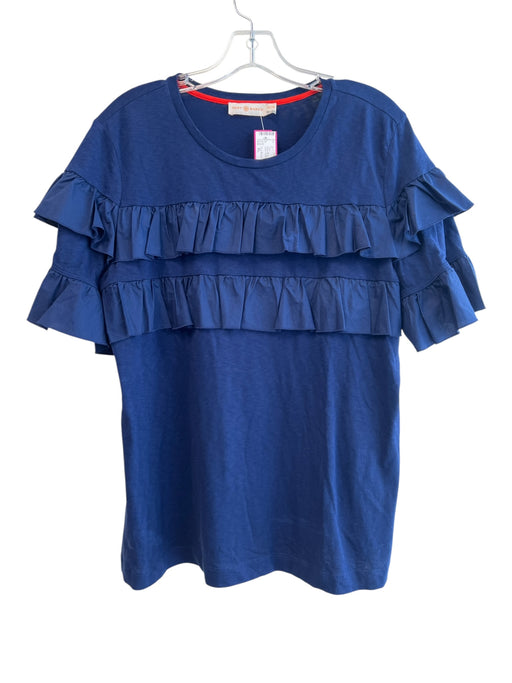 Tory Burch Size XL Navy Blue Cotton Short Sleeve solid color Ruffle Detail Top Navy Blue / XL