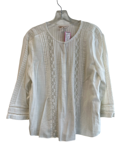 Rebecca Taylor Size 12 White Cotton Long Sleeve Lace Detail Round Neck Top White / 12