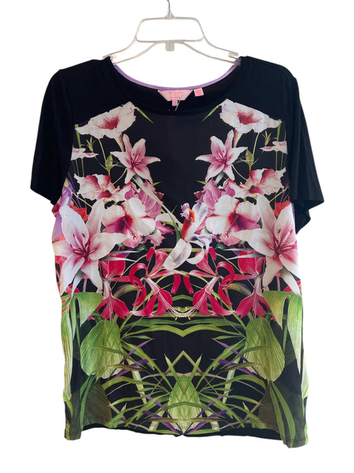 Ted Baker Size 4 Pink & Black Polyester Short Sleeve Floral Print Round Neck Top Pink & Black / 4