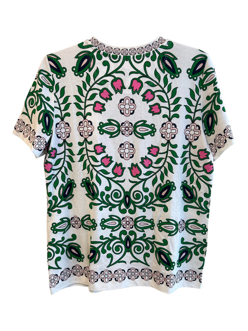 Tory Burch Size L White & Green Cotton Short Sleeve Floral Print Round Neck Top White & Green / L