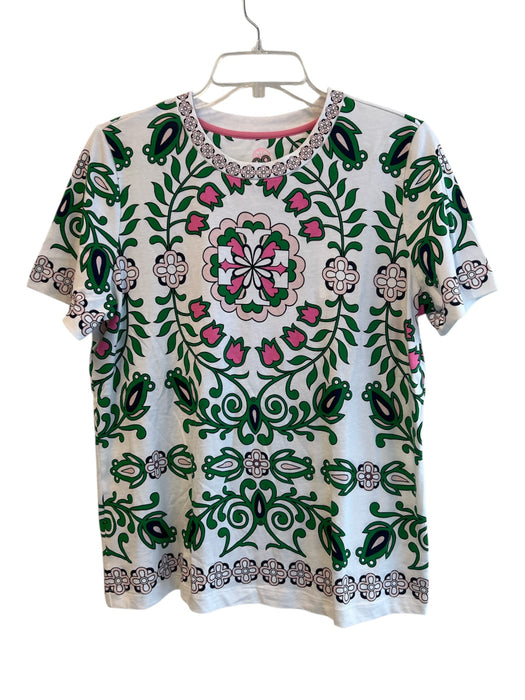 Tory Burch Size L White & Green Cotton Short Sleeve Floral Print Round Neck Top White & Green / L