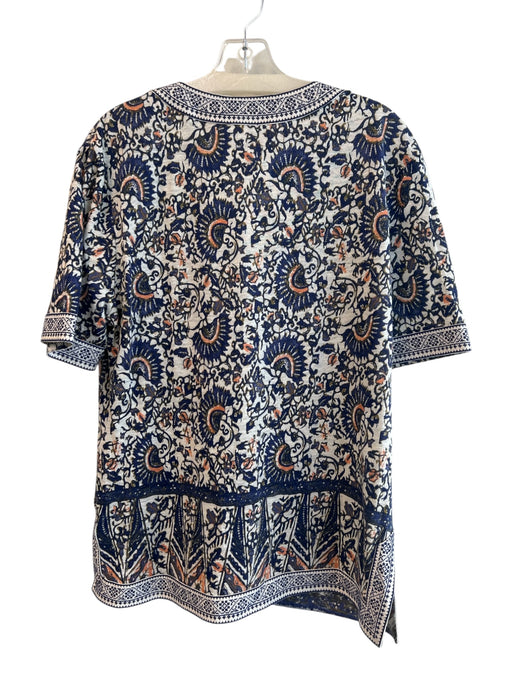 Tory Burch Size L Blue & Multi Linen Short Sleeve Floral Abstract Side Slits Top Blue & Multi / L