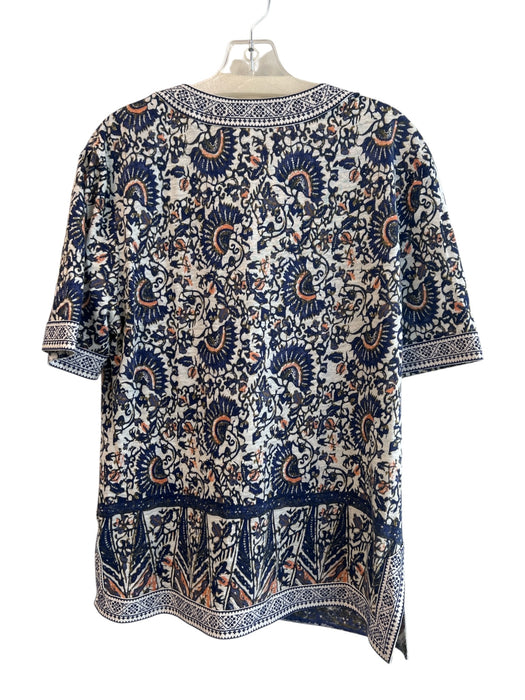 Tory Burch Size L Blue & Multi Linen Short Sleeve Floral Abstract Side Slits Top Blue & Multi / L