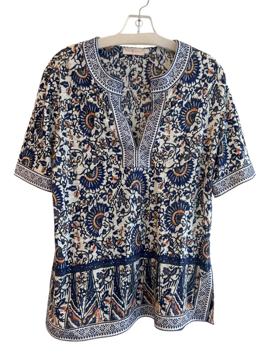 Tory Burch Size L Blue & Multi Linen Short Sleeve Floral Abstract Side Slits Top Blue & Multi / L