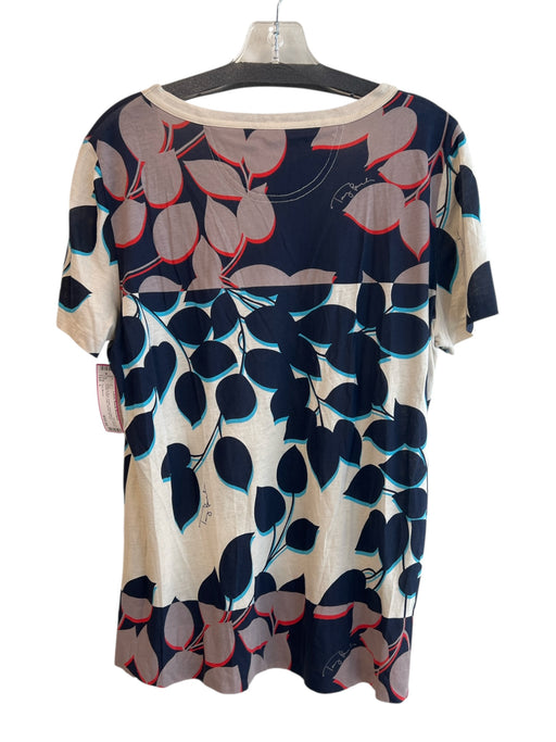 Tory Burch Size L Beige & Blue Cotton Short Sleeve Floral Scoop Neck Logo Top Beige & Blue / L