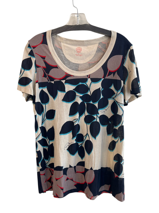 Tory Burch Size L Beige & Blue Cotton Short Sleeve Floral Scoop Neck Logo Top Beige & Blue / L